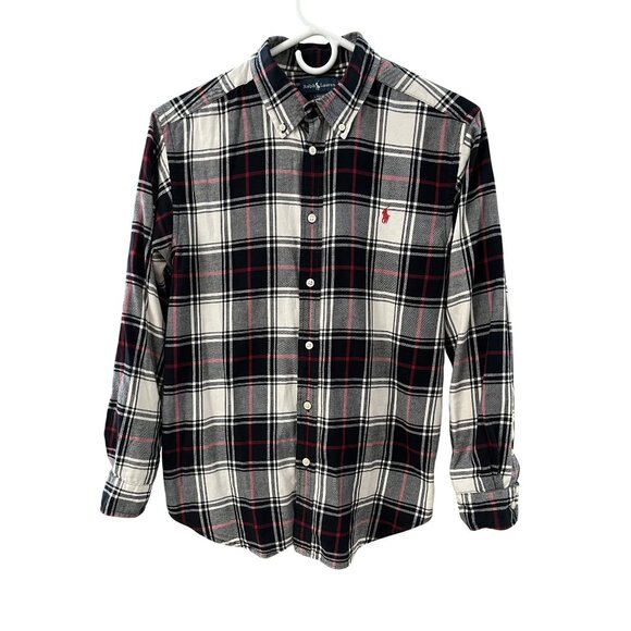 EUC Ralph Lauren Boys Plaid Button-Down Shirt L 14-16 Black/Red 100% Cotton Long - Picture 1 of 5